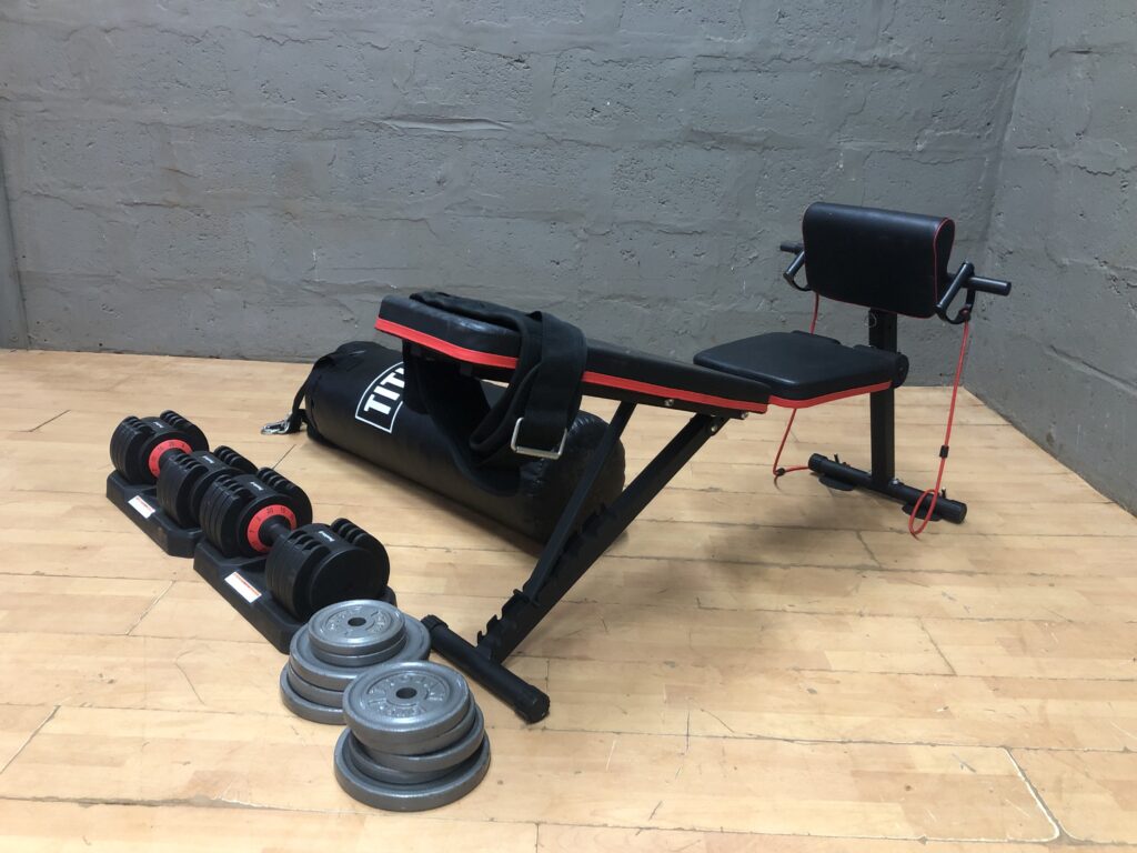 Used Home Gym Bundle: Adjustable Bench, TITLE Punching Bag, Dumbbells & Weight Plates