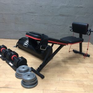 Used Home Gym Bundle: Adjustable Bench, TITLE Punching Bag, Dumbbells & Weight Plates