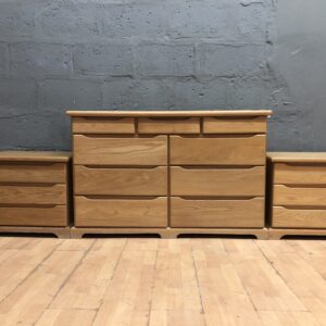 Three-piece light oak-tone bedroom set: dresser + 2 matching low chests (seller-confirmed 3)