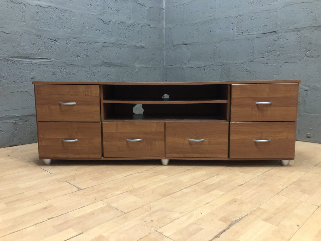 Brown Wood-Look TV / Media Console Low Cabinet with Drawers & Open Shelves