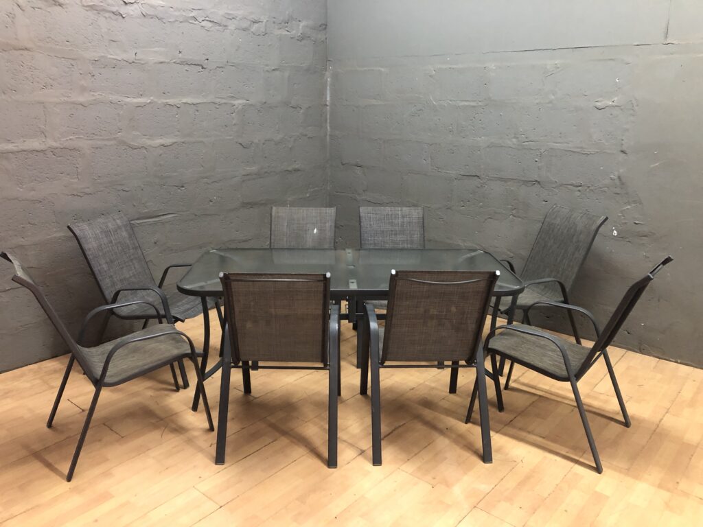 9-Piece Outdoor Dining Set – Rectangular Glass-Top Table with 8 Sling Chairs