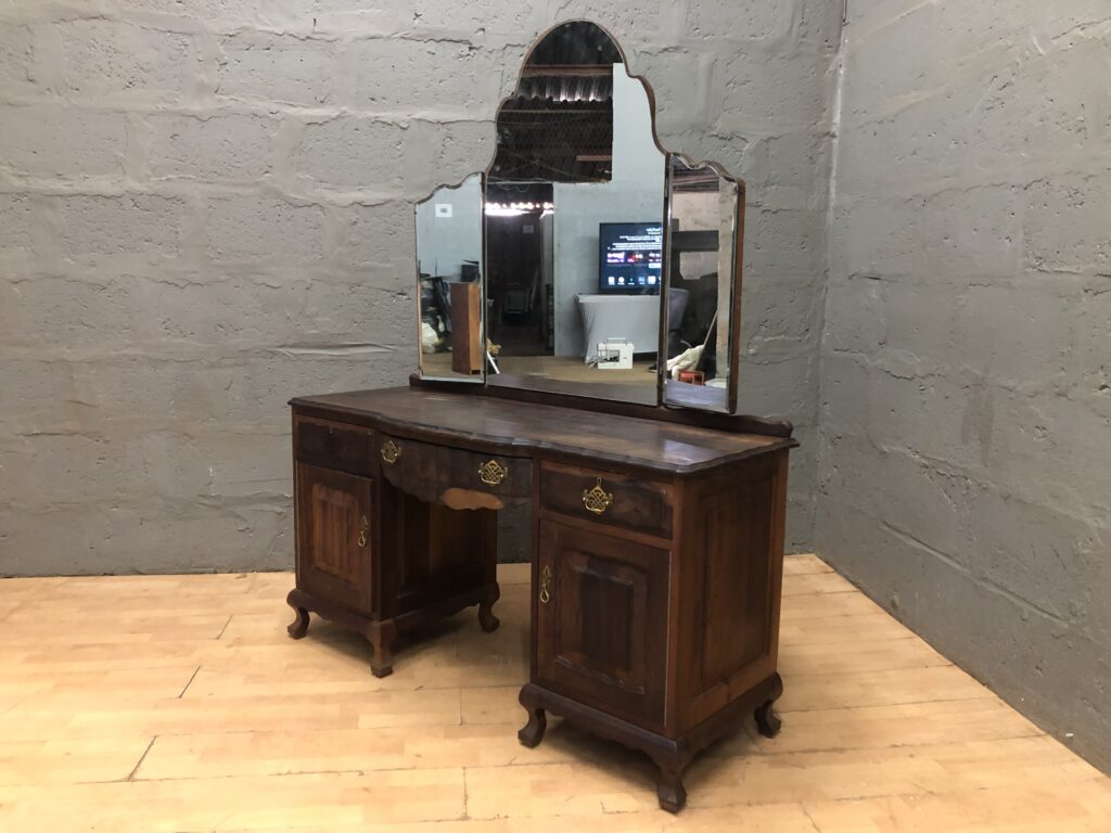 Wood-tone Dressing Table / Vanity with Tri-Fold Mirror