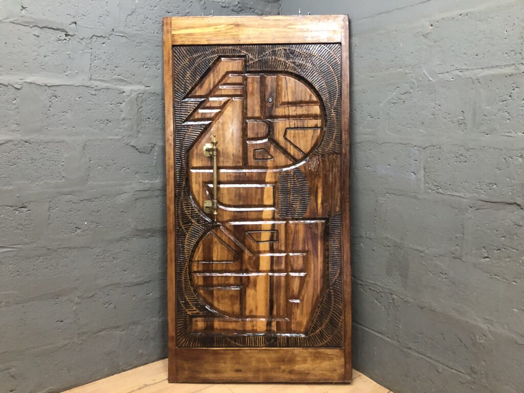 Varnished Carved Wooden Door / Decorative Panel with Handle & Peephole