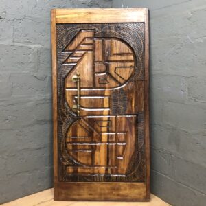Varnished Carved Wooden Door / Decorative Panel with Handle & Peephole