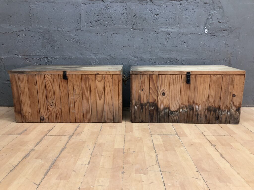 Pair of Wooden Storage Trunks / Chests with Hinged Lids & Rope Handles