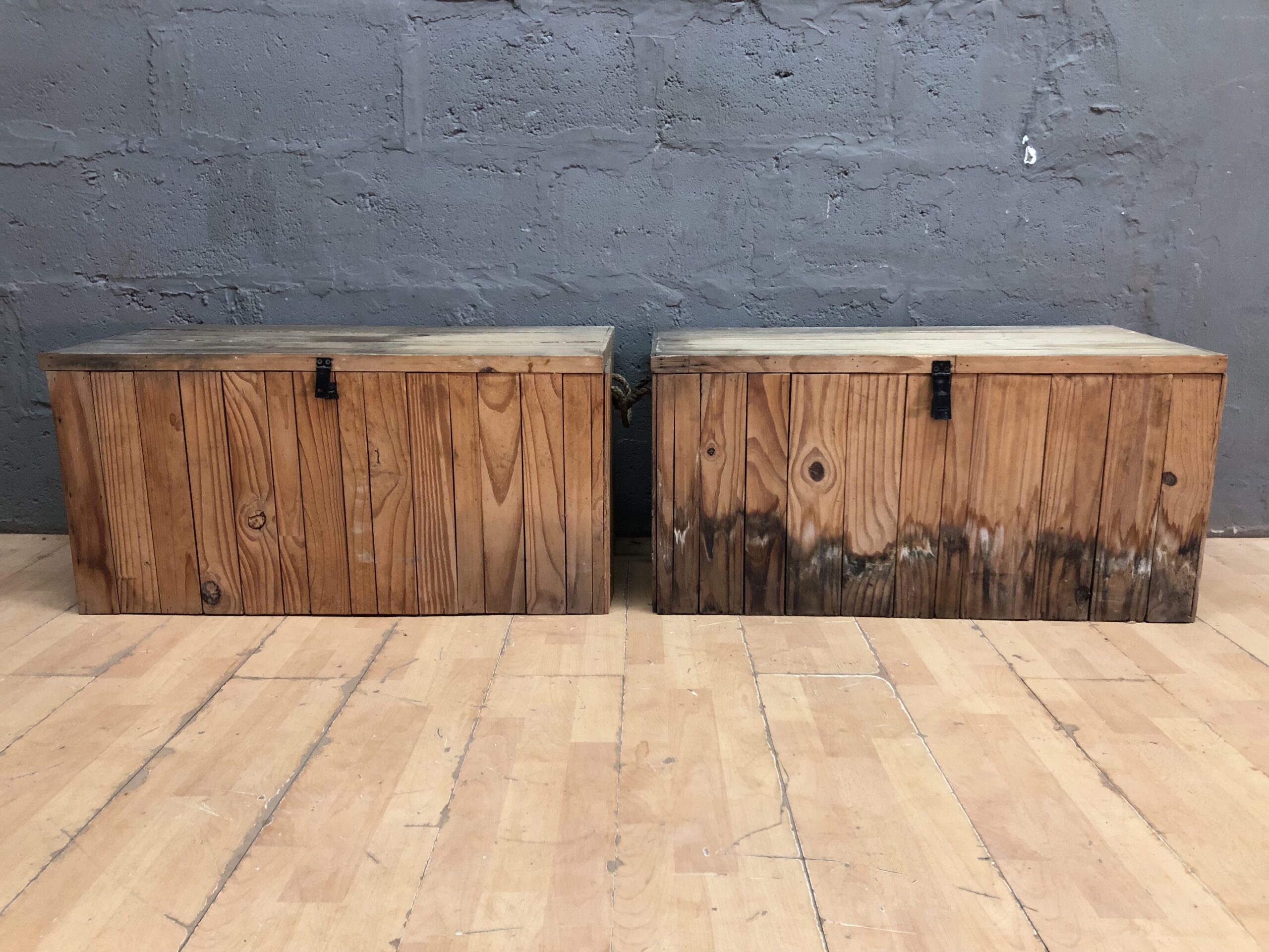 Pair of Wooden Storage Trunks / Chests with Hinged Lids & Rope Handles