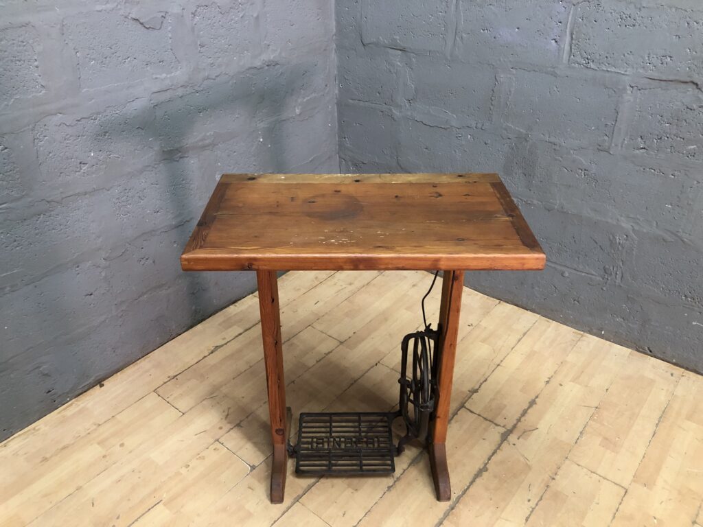 Wooden Table on Singer Cast-Iron Treadle Base — Vintage Sewing Machine Base Table