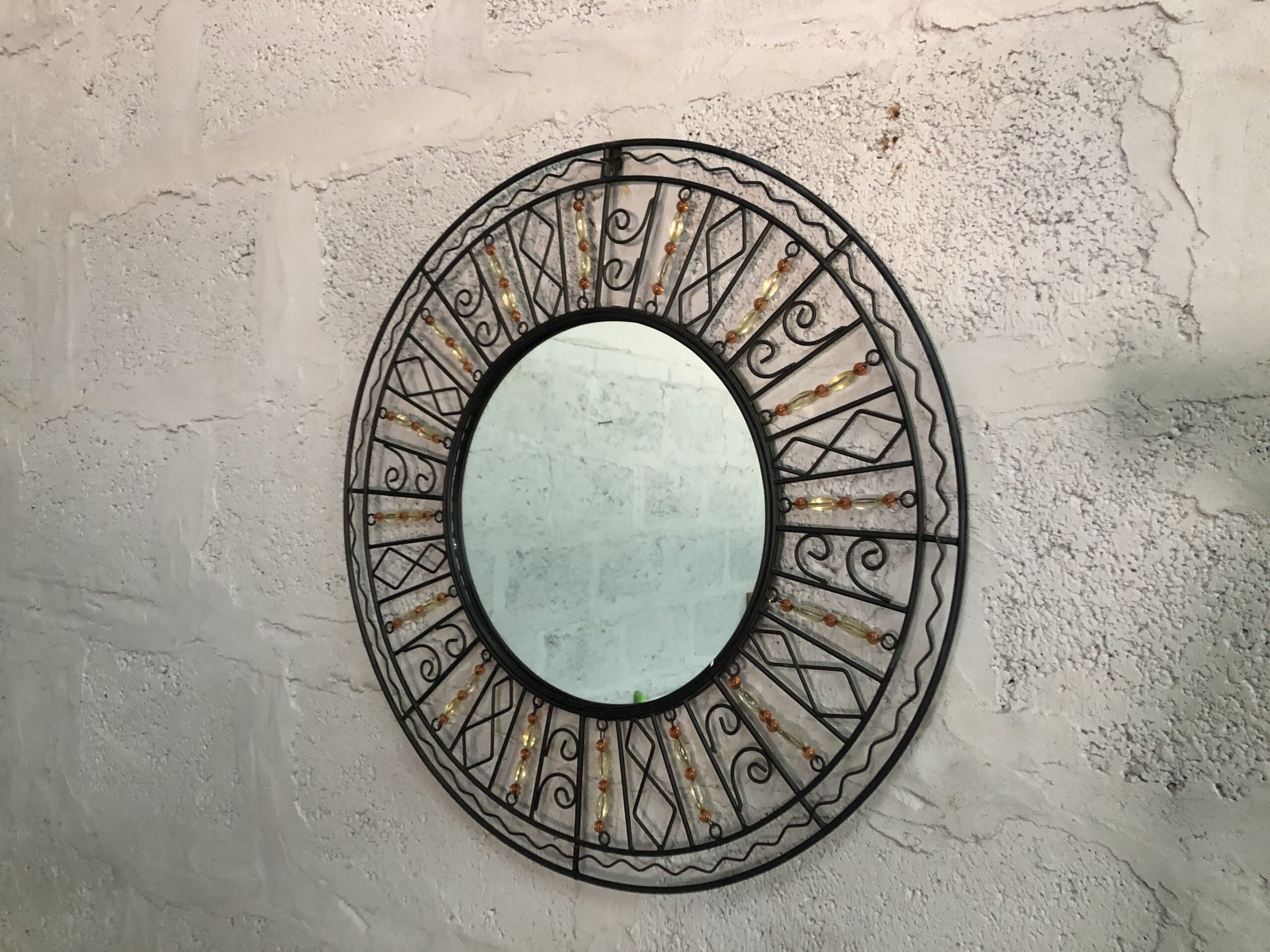 Round Decorative Wall Mirror with Beaded Metal Frame