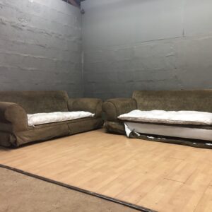 Pair of Upholstered Sofas (Matching) — Right Sofa Skirt Detached, Seats Sagging