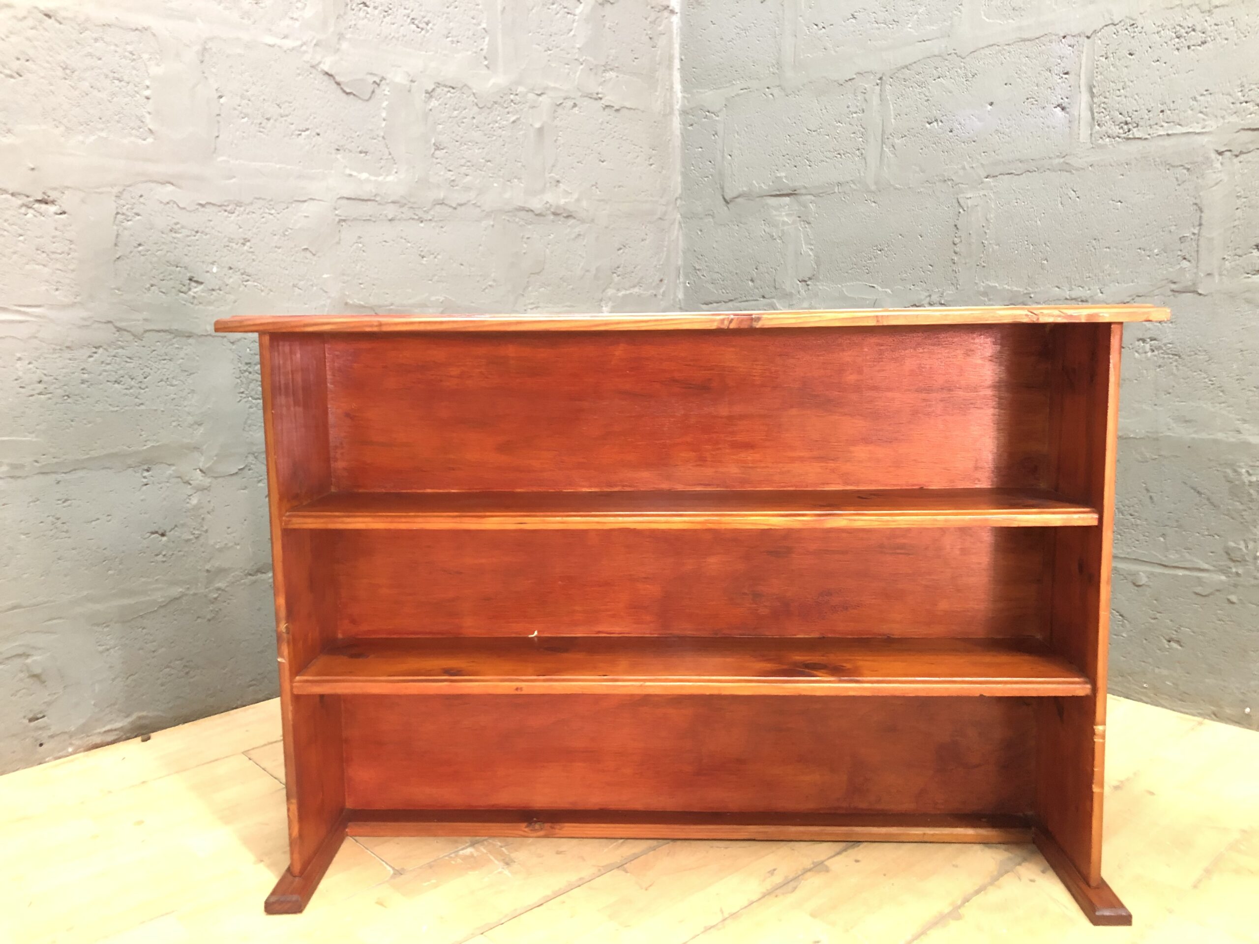 Solid-wood open shelving unit / bookcase, three shelves, reddish-brown finish