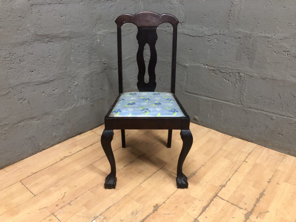 Upholstered Dining/Side Chair with Patterned Light-Blue Seat — Dark Brown Frame