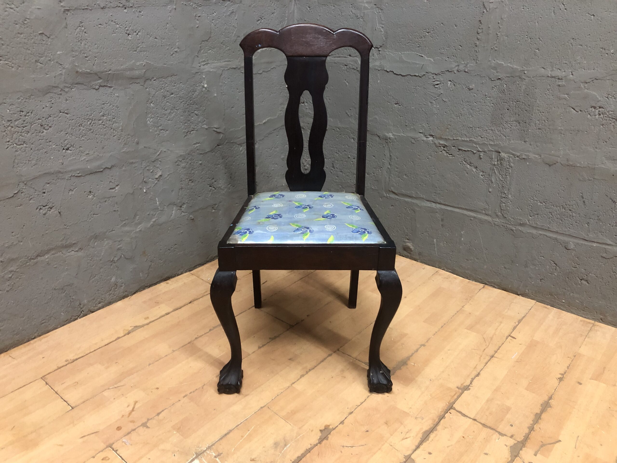 Upholstered Dining/Side Chair with Patterned Light-Blue Seat — Dark Brown Frame