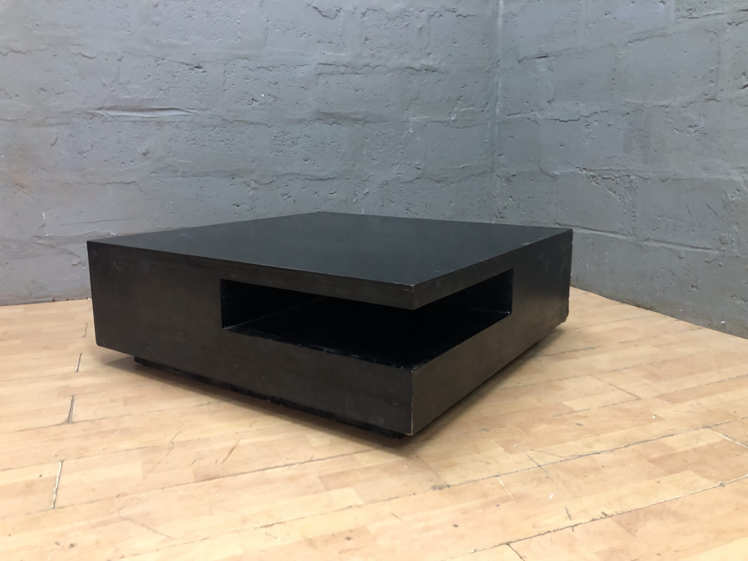 Low Modern Black Coffee Table, 110 x 110 x 48 cm — Recessed Shelf
