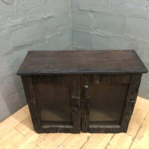 Small Two-Door Wooden Cabinet with Metal Mesh Doors (Used, Worn)