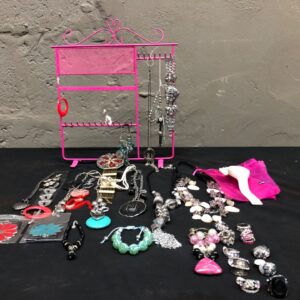 Bulk Costume Jewellery & Accessories Lot with Stand – Assorted Rings, Necklaces, Bracelets, Watch & More