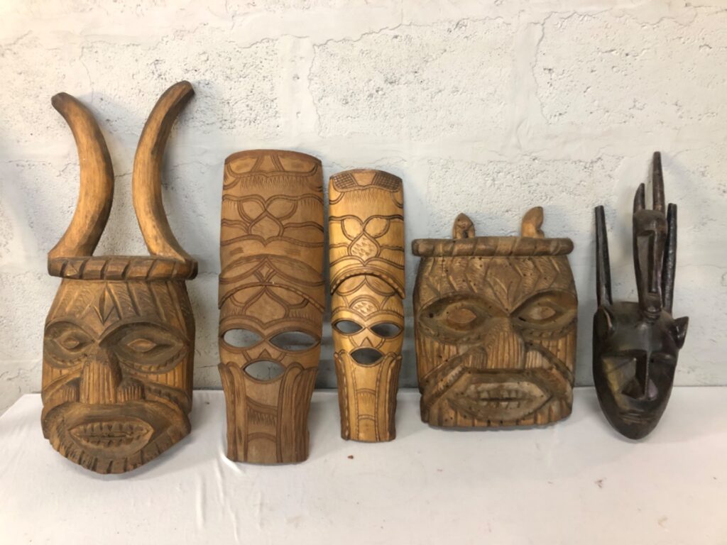 Set of 5 Hand-Carved Wooden Tribal/Ethnic Masks – Large, Aged, Treated for Woodworm