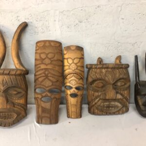 Set of 5 Hand-Carved Wooden Tribal/Ethnic Masks – Large, Aged, Treated for Woodworm