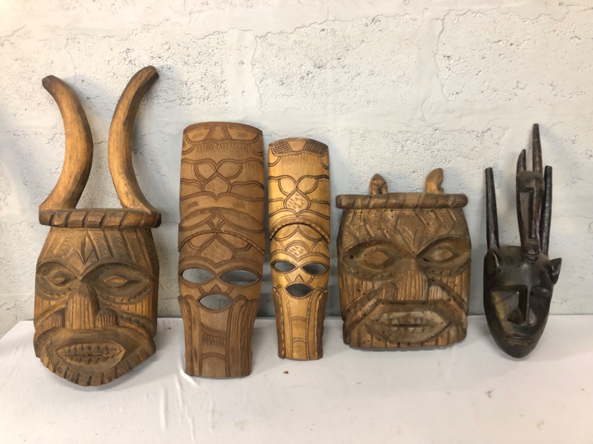 Set of 5 Hand-Carved Wooden Tribal/Ethnic Masks – Large, Aged, Treated for Woodworm