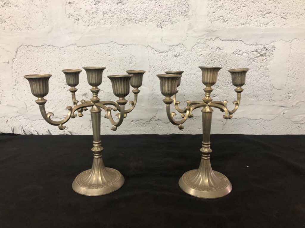 Pair of Silverplated 5-Arm Candelabra – Made in Hong Kong (Tarnished, 1 Damaged Holder)