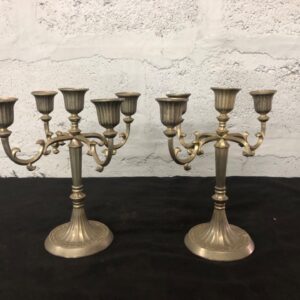 Pair of Silverplated 5-Arm Candelabra – Made in Hong Kong (Tarnished, 1 Damaged Holder)