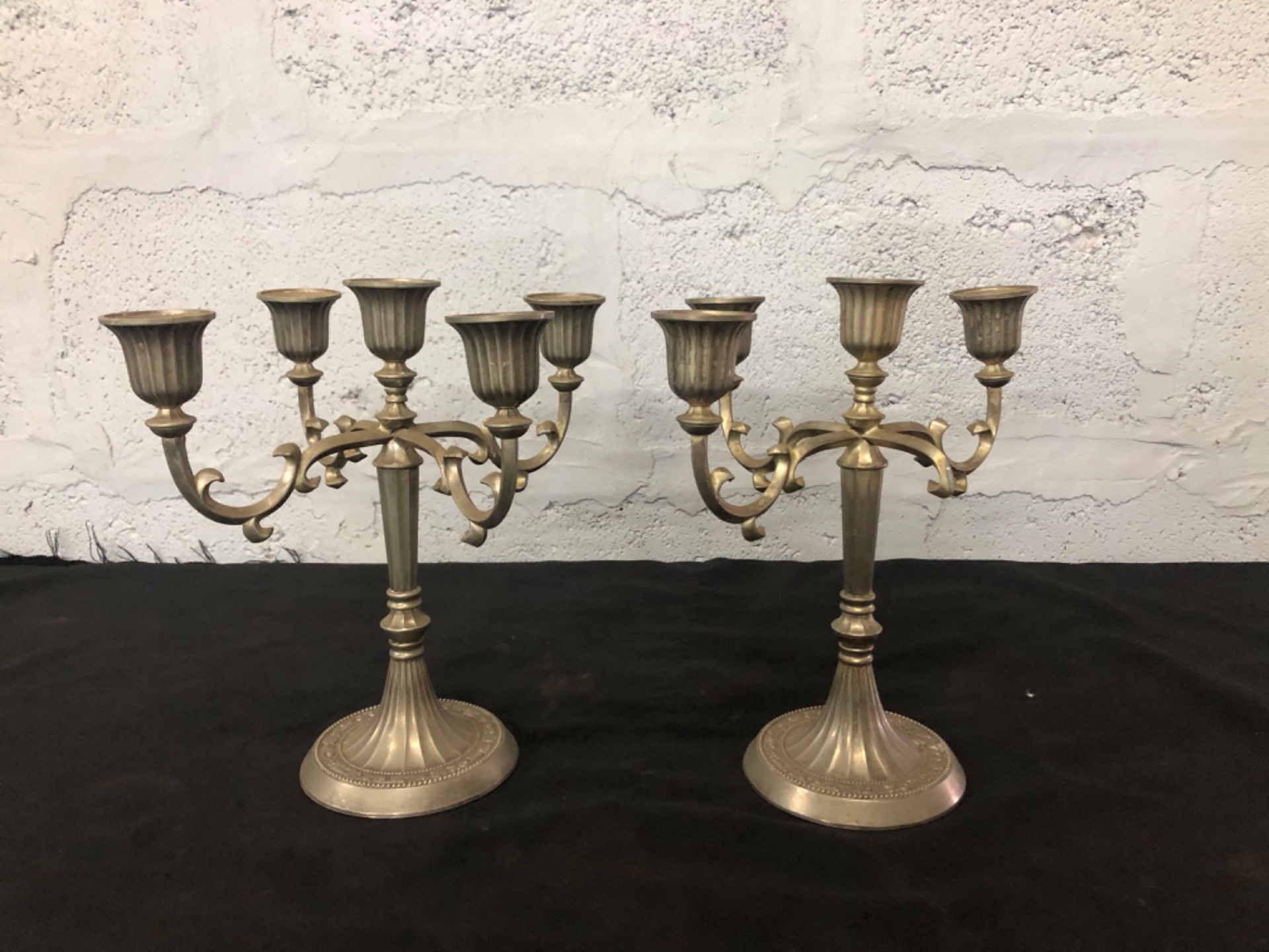 Pair of Silverplated 5-Arm Candelabra – Made in Hong Kong (Tarnished, 1 Damaged Holder)