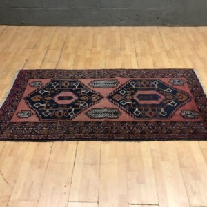 Hand-Knotted Geometric Rug – 205 x 107 cm – Worn Condition, Visible Fraying