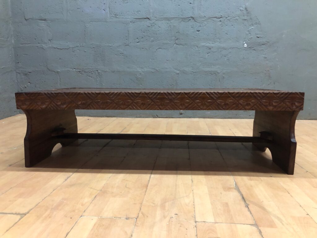 Hand-Carved Wooden Coffee Table – Geometric & Face Motif, 138cm