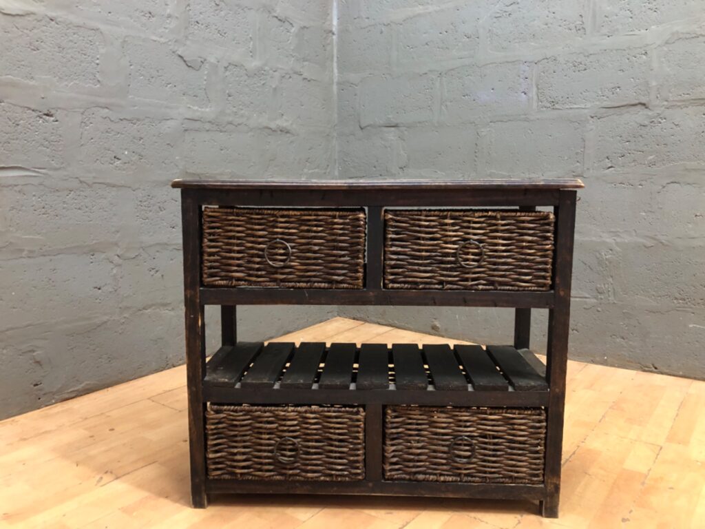 Wooden Storage Unit with Four Wicker Drawers – Rustic, Heavily Used