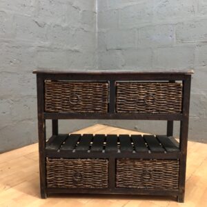 Wooden Storage Unit with Four Wicker Drawers – Rustic, Heavily Used