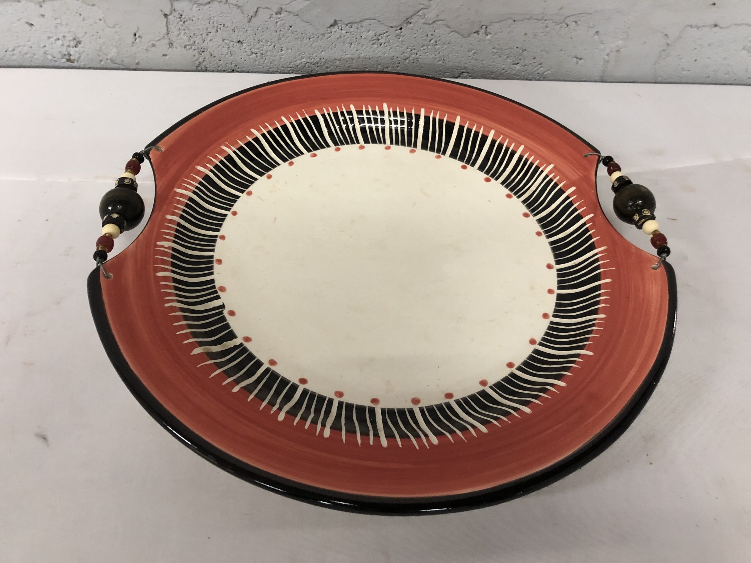 Decorative Round Serving Platter with Beaded Handles, 37cm