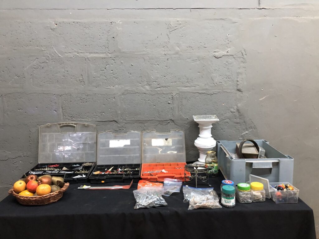 Mixed Lot: Small Hardware, 3 Parts Organizers, Tote, Faux Fruit Basket & Pedestal