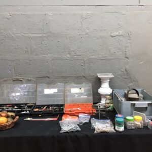 Mixed Lot: Small Hardware, 3 Parts Organizers, Tote, Faux Fruit Basket & Pedestal
