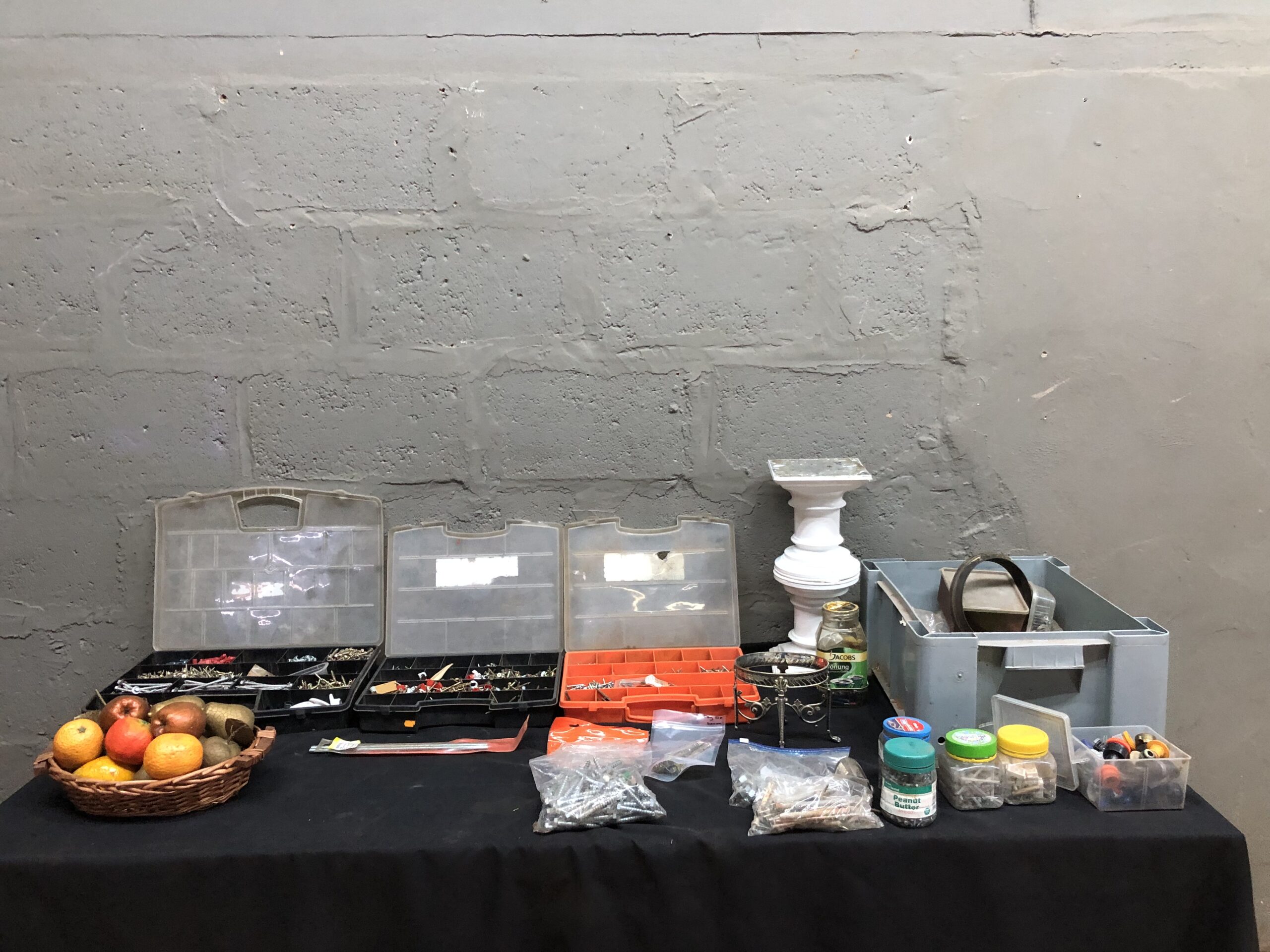 Mixed Lot: Small Hardware, 3 Parts Organizers, Tote, Faux Fruit Basket & Pedestal