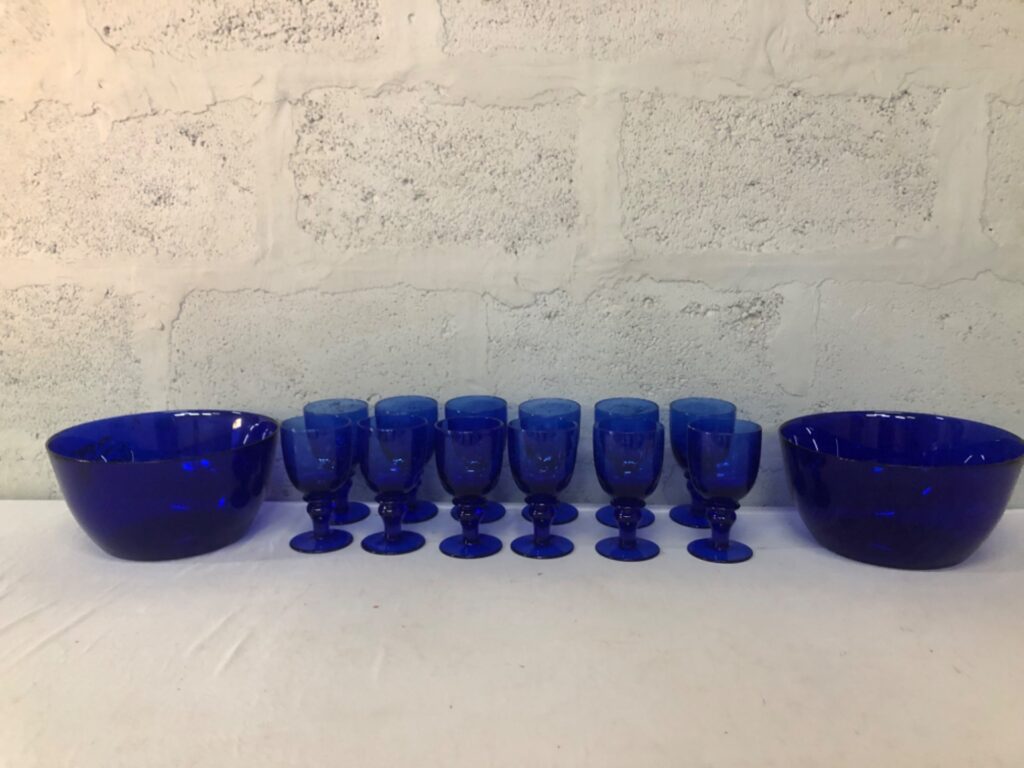Cobalt Blue Glass Punch Set – 2 Bowls & 12 Goblets (Rim Chips, Surface Marks)