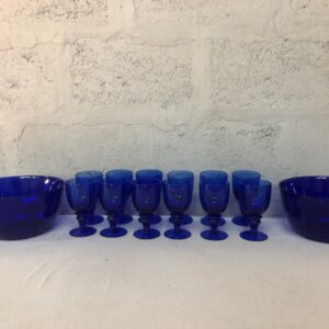 Cobalt Blue Glass Punch Set – 2 Bowls & 12 Goblets (Rim Chips, Surface Marks)