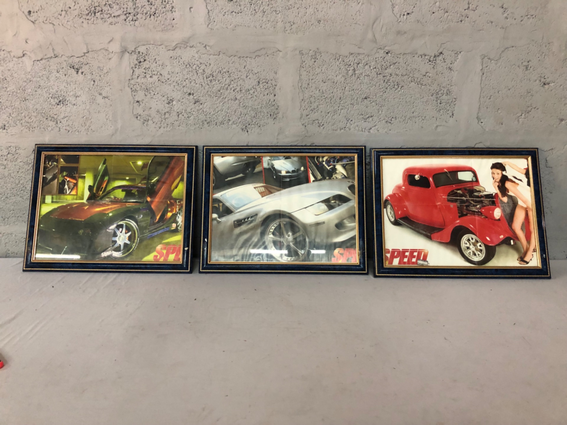 Set of 3 Framed SPEED Magazine Car Posters – Blue/Gold Frames, 45x36cm