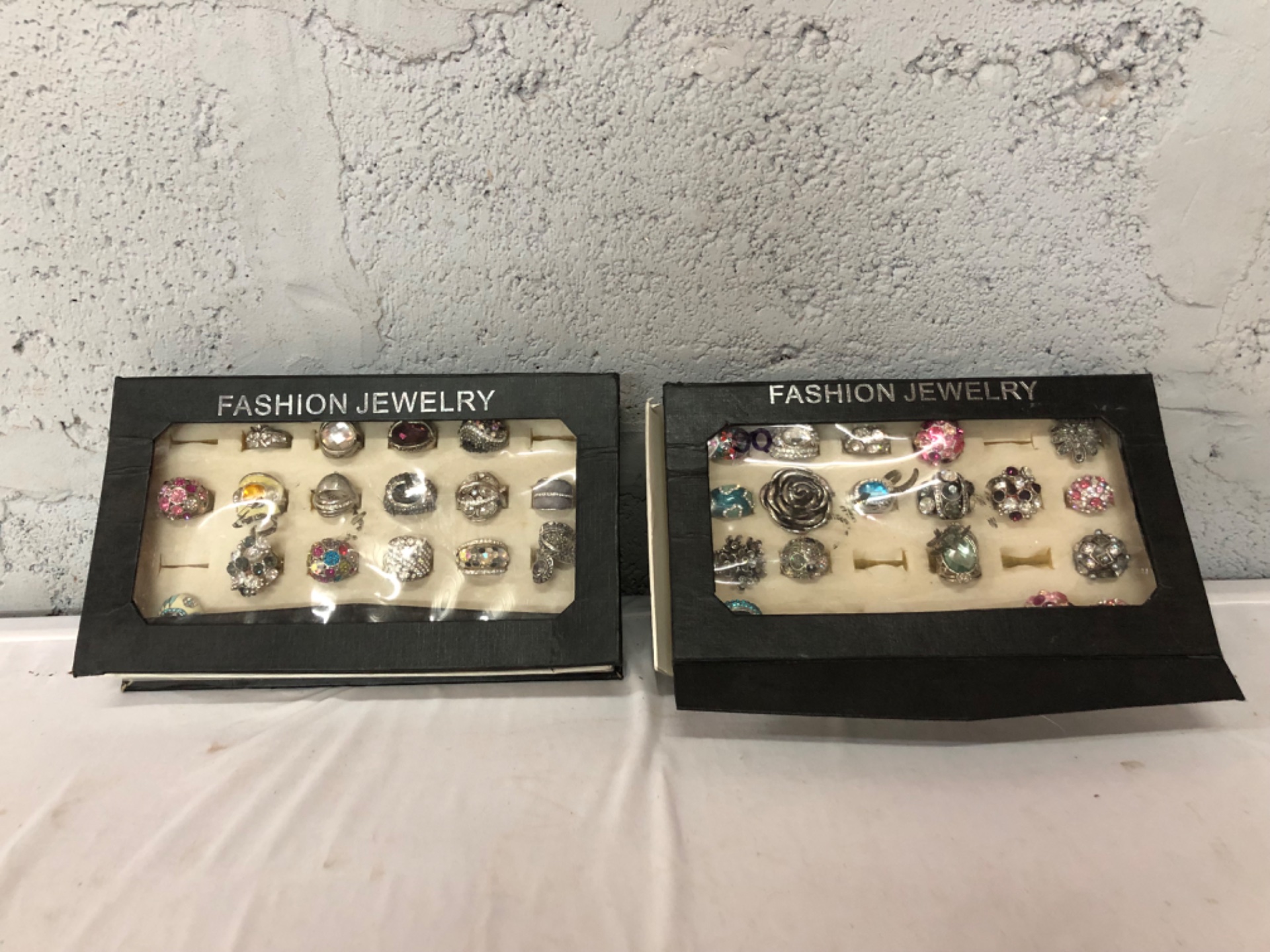 Bulk Lot of 36 Fashion Jewelry Rings in Display Boxes – Assorted Designs & Sizes