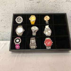 Bulk Lot of 9 Assorted Wristwatches in Display Tray – Mixed Styles & Colours