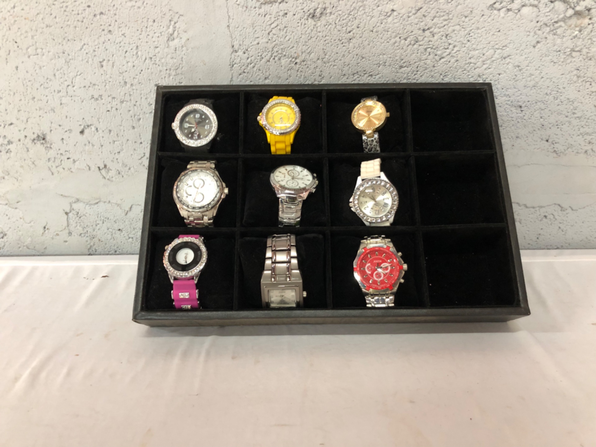 Bulk Lot of 9 Assorted Wristwatches in Display Tray – Mixed Styles & Colours