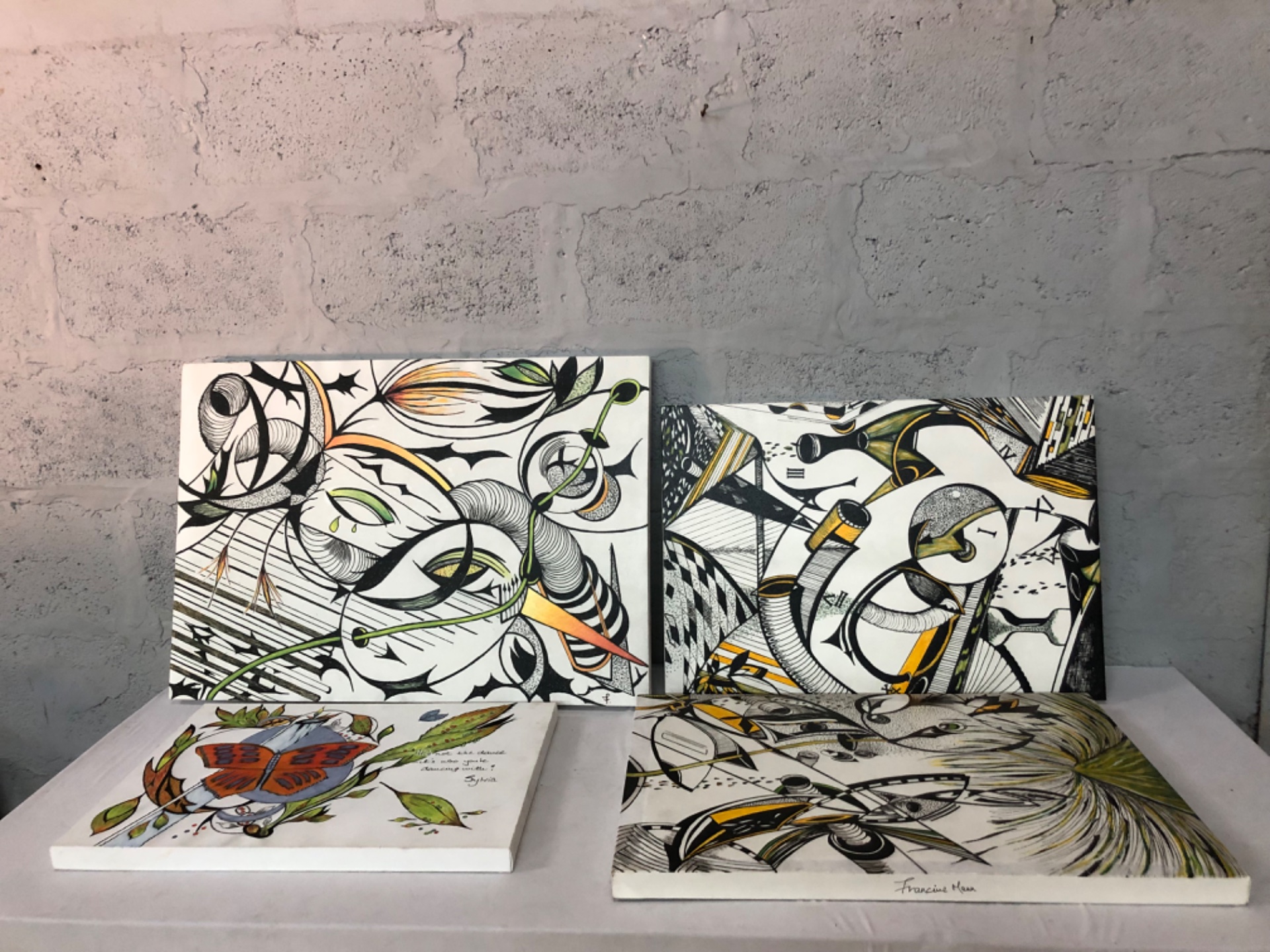 Set of 4 Original Abstract and Illustrative Canvas Paintings – Signed Francine Mann