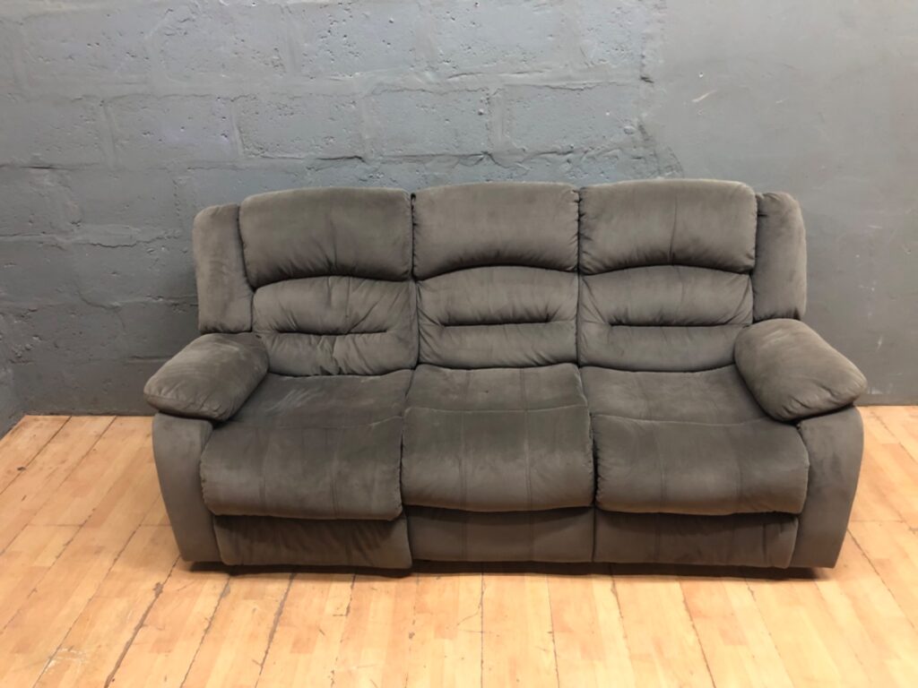 3-Seater Manual Reclining Sofa – Grey Microfibre, Used, With Tear
