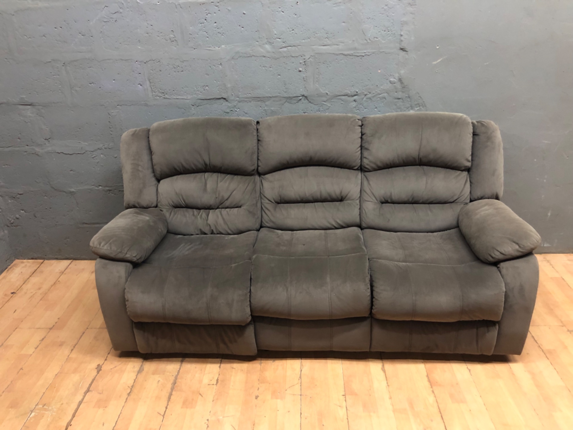 3-Seater Manual Reclining Sofa – Grey Microfibre, Used, With Tear