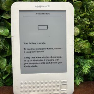 White Amazon Kindle e-Reader with QWERTY Keyboard — Untested, 'Critical Battery' Shown