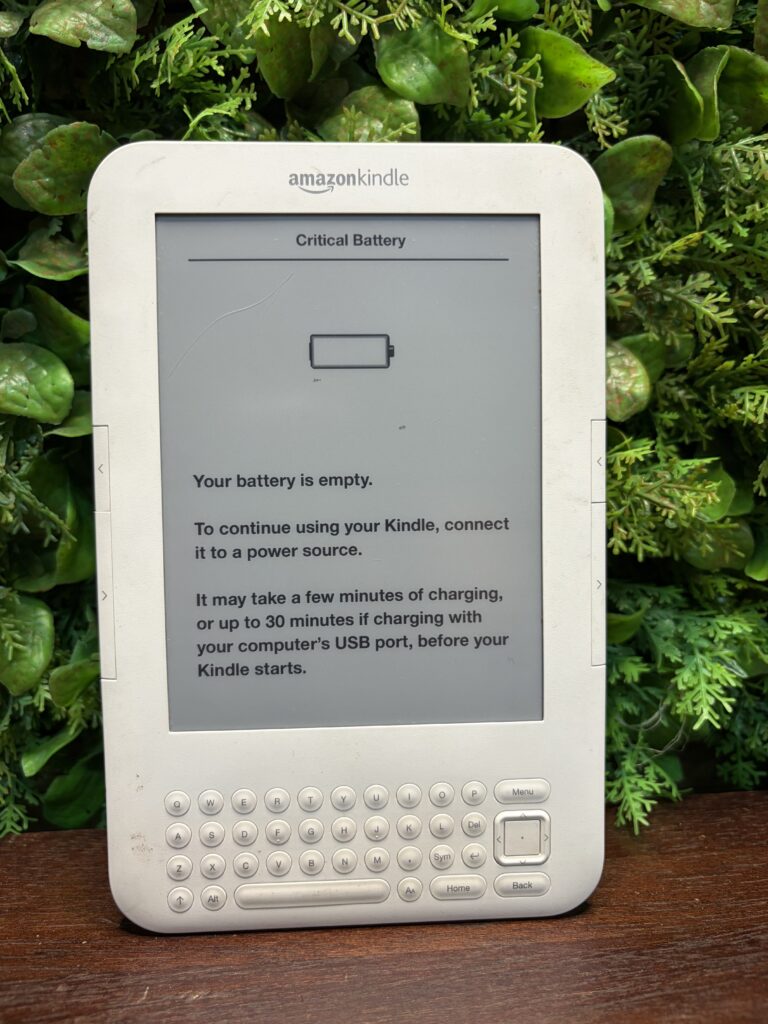 White Amazon Kindle e-Reader with QWERTY Keyboard — Untested, ‘Critical Battery’ Shown