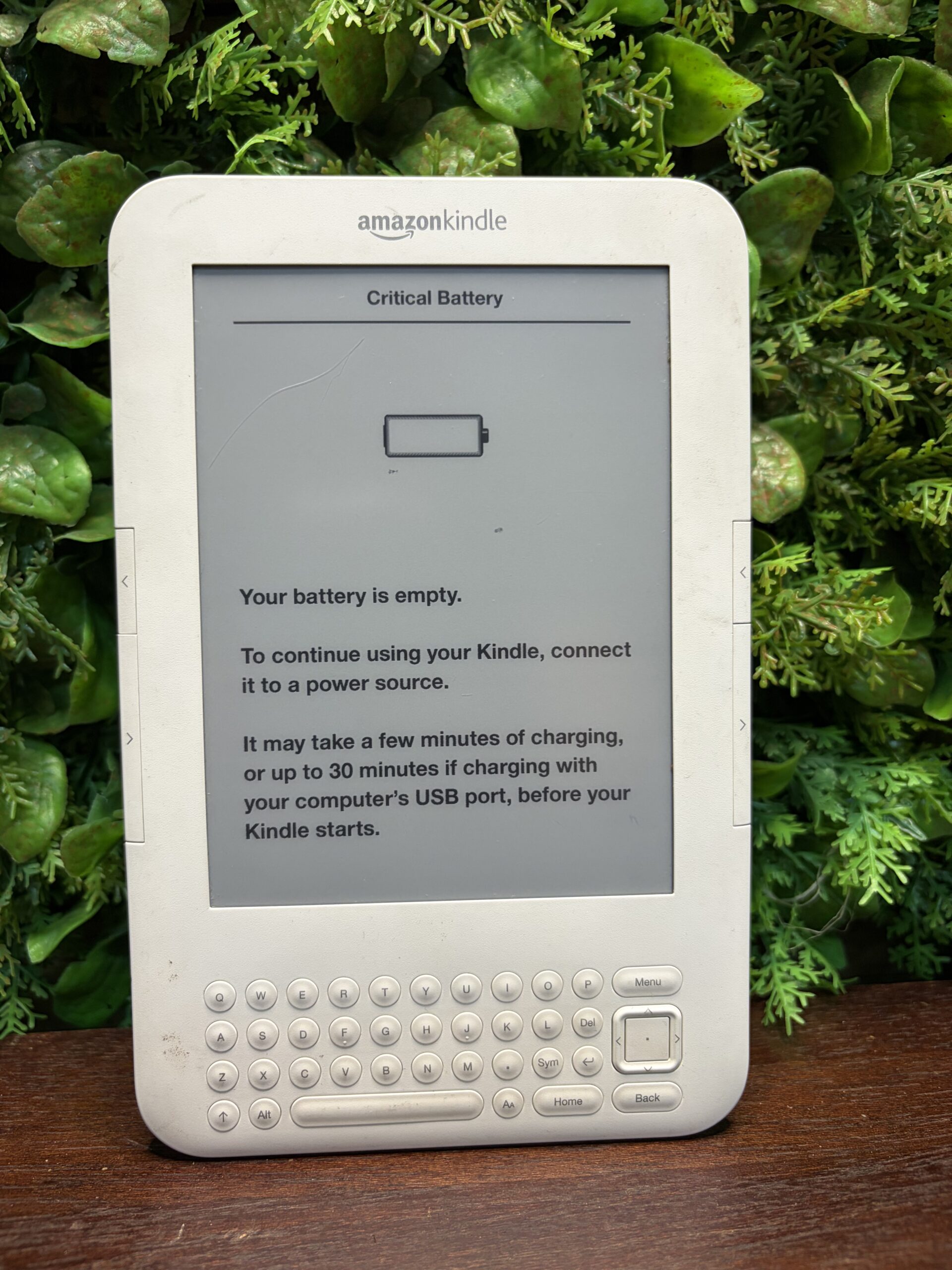 White Amazon Kindle e-Reader with QWERTY Keyboard — Untested, ‘Critical Battery’ Shown