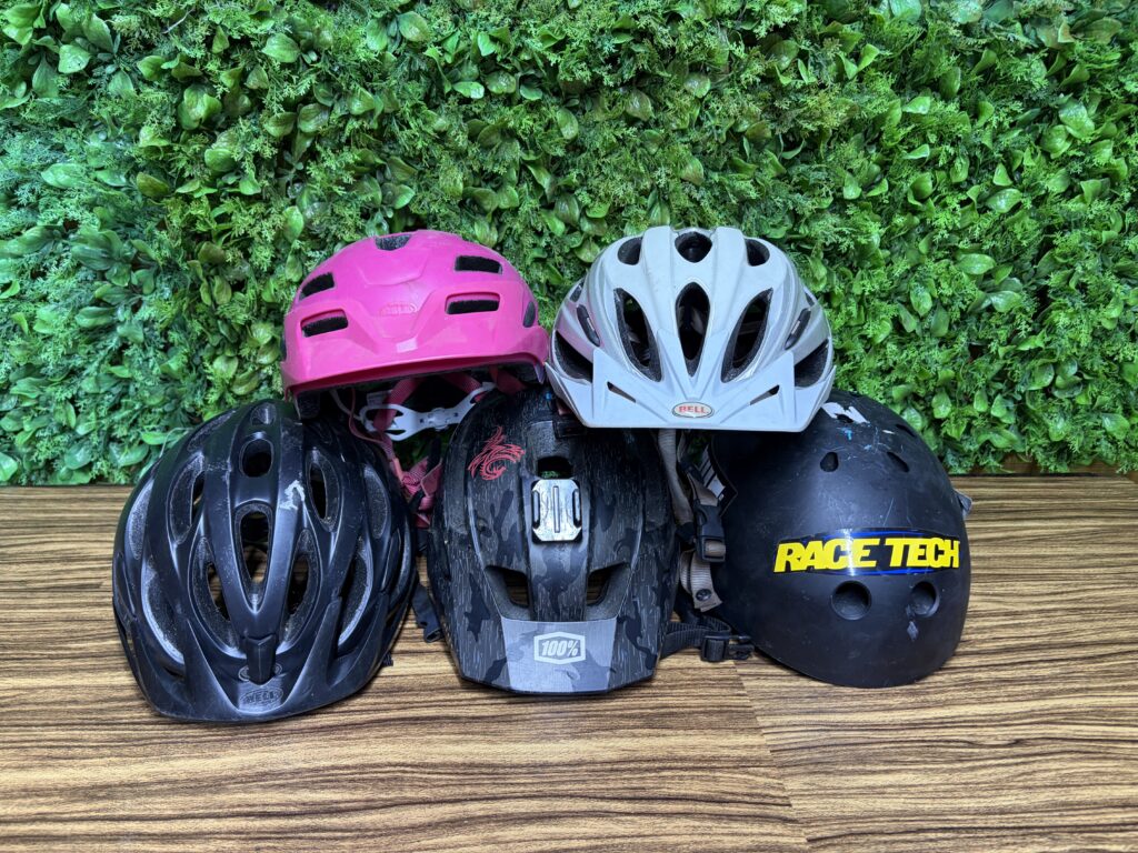 Lot of 5 Used Cycling Helmets – Mixed Condition, Straps Present