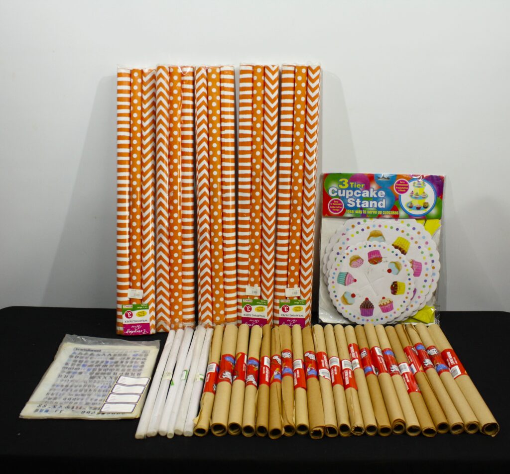 Mixed Lot: Assorted Packaged Wrapping Paper Rolls & Party Supplies (approx 40pcs)