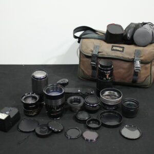 Mixed Lot of Approximately 8 Used Camera Lenses with Bag, Caps, Filters & Flash