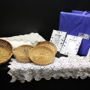 Household mixed lot: wicker baskets, crocheted linens, picture frames & GoFit bag