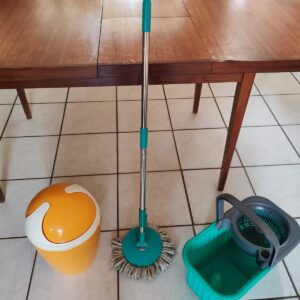 Three-piece cleaning set — mop, wringer bucket and small lidded bin (orange/white)